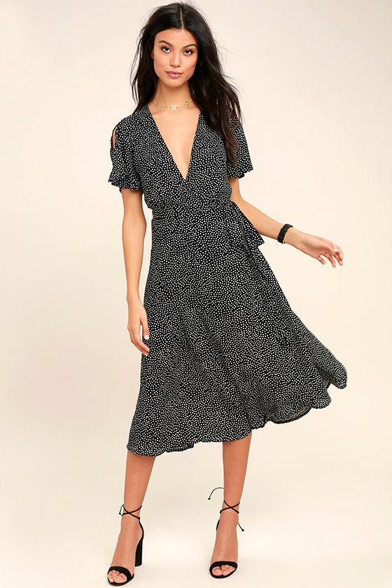 Cute Black Polka Dot Dress - Wrap Dress - Midi Dress - $84.00 - Lulus